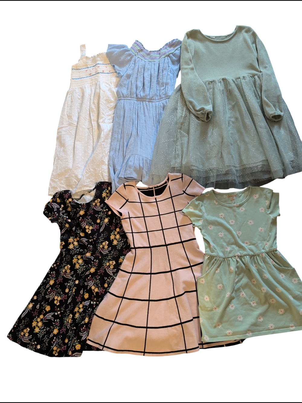 Girls' Multi-Pack Dresses - Pastel Blue, Mint, Black Floral, Pink Grid, White